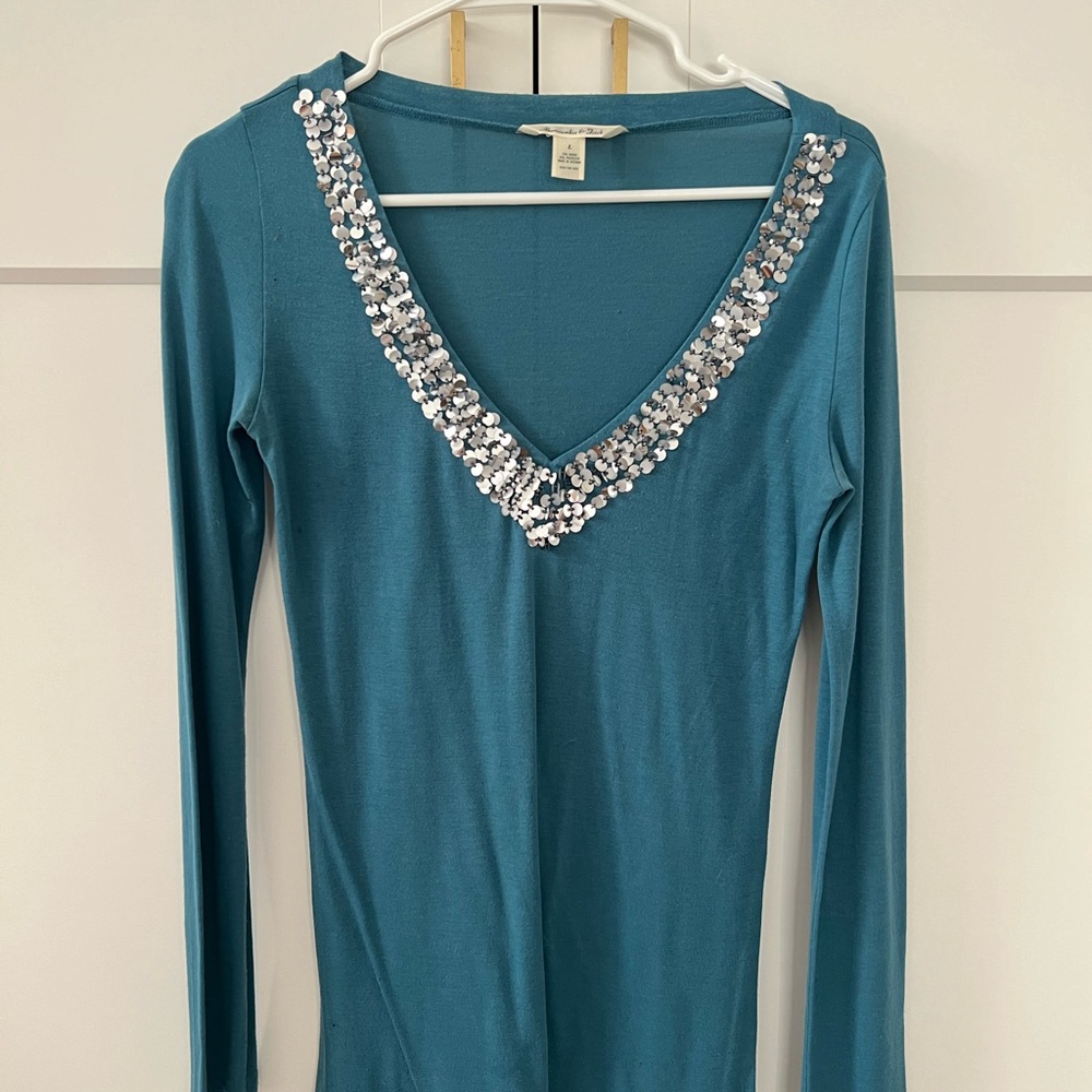 Teal Sequin V-Neck Women's Top